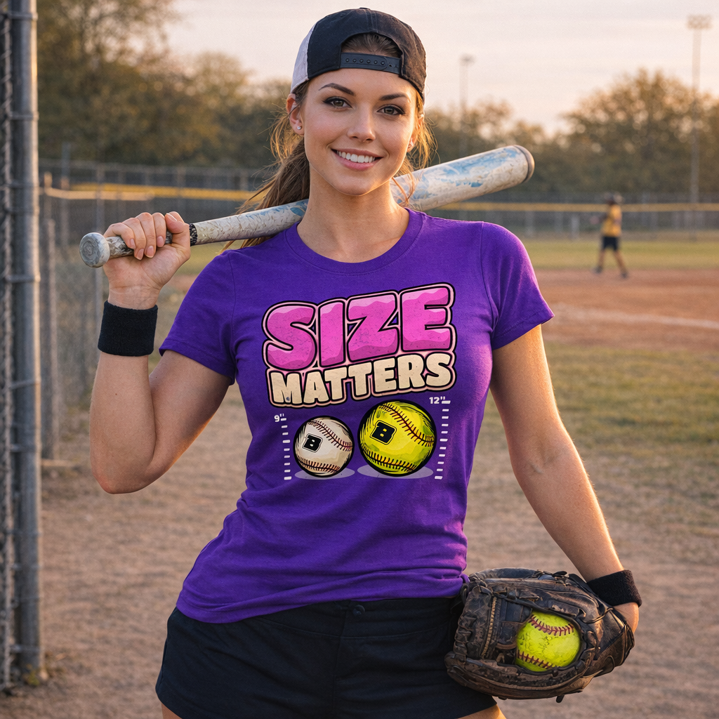 Ladies Pink Size Matters Softball vs Baseball Fitted T-Shirt Main image