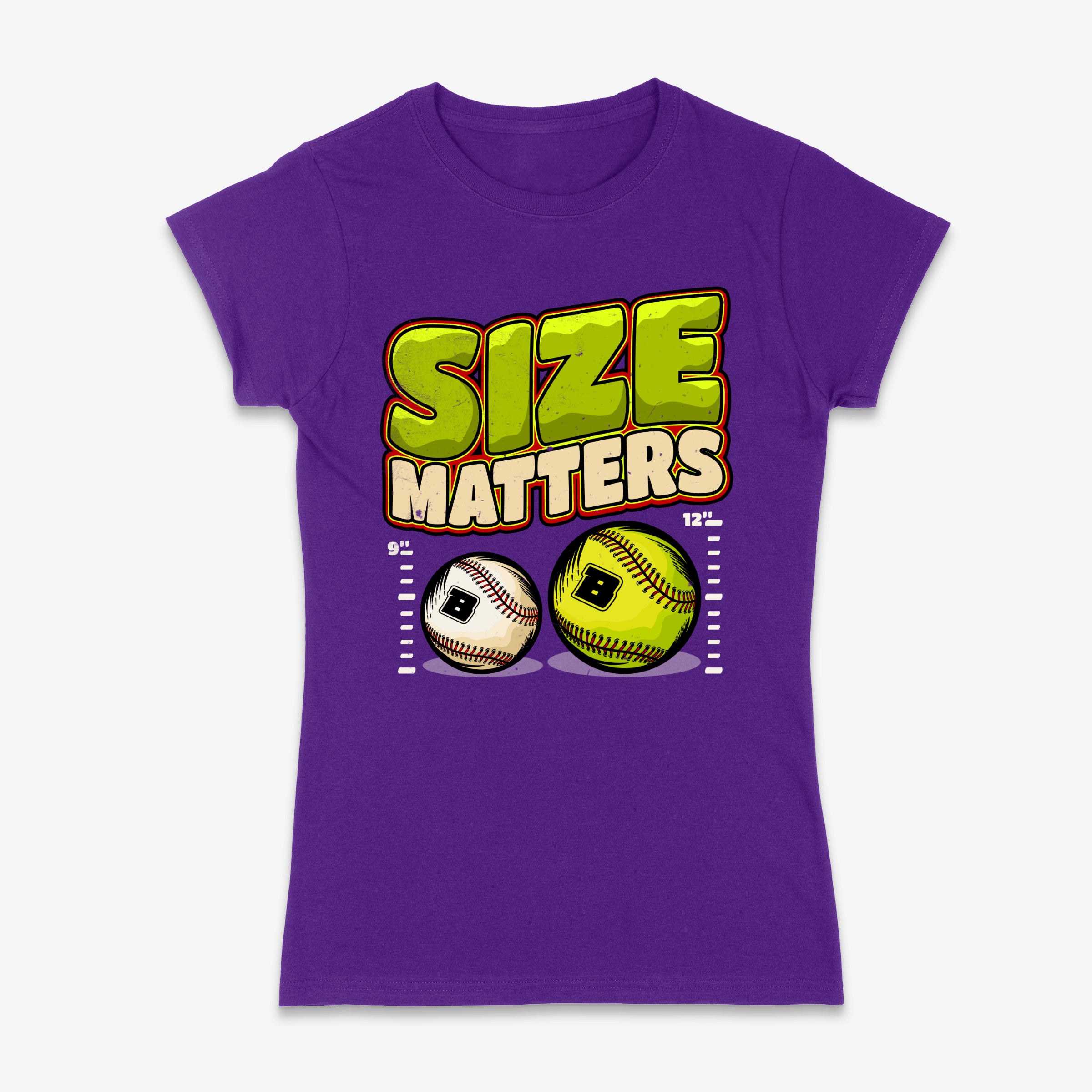 Ladies Yellow Size Matters Softball vs Baseball Fitted T-Shirt